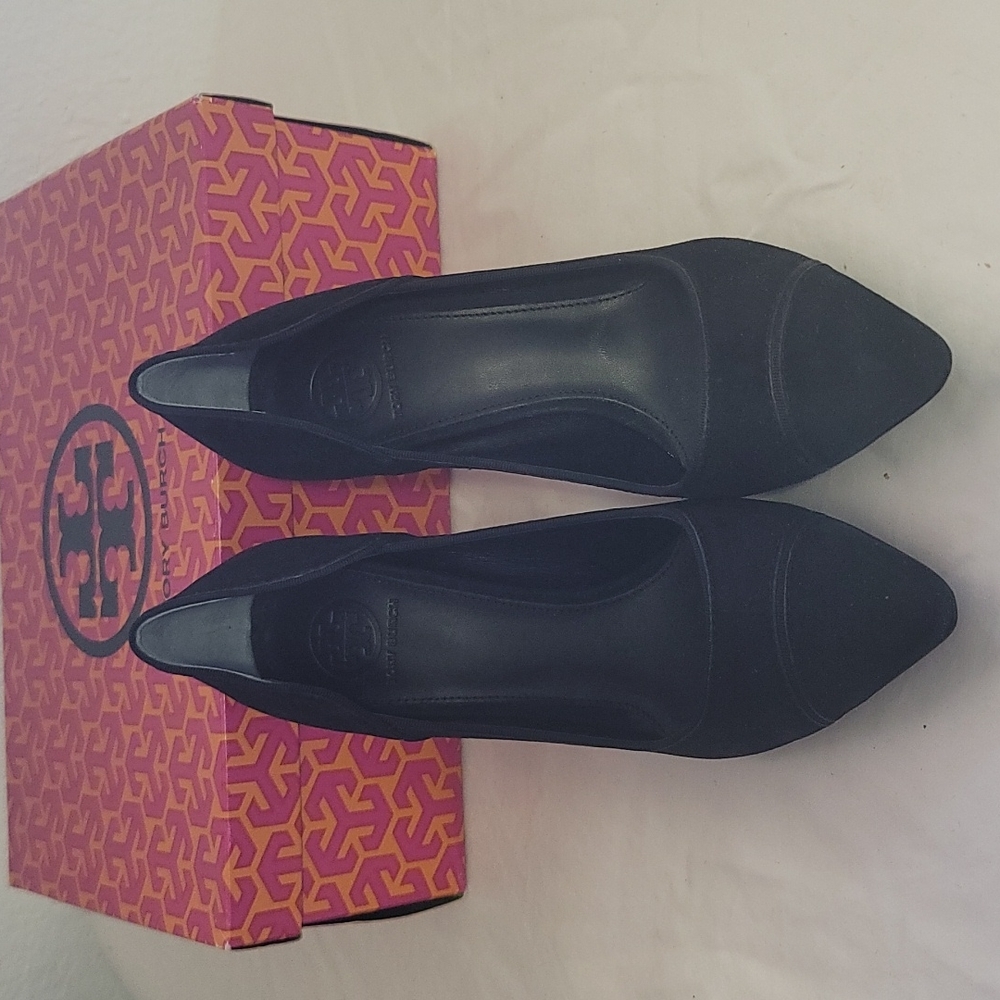 Tory Burch Black Bernice Cap Toe Suede Heels